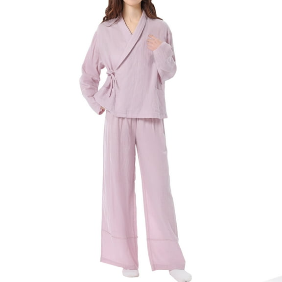 XuJwPNcy Matching Pj Sets Women Summer V Neck Long Sleeve Shirt with Pocket Wide Leg Pant Set 2 Piece Pajama Outfit