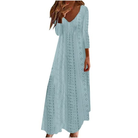 XuJwPNcy Maxi Dress for Women Casual Loose 3/4 Sleeve V Neck Dress Summer Beach Hollow out Dresses