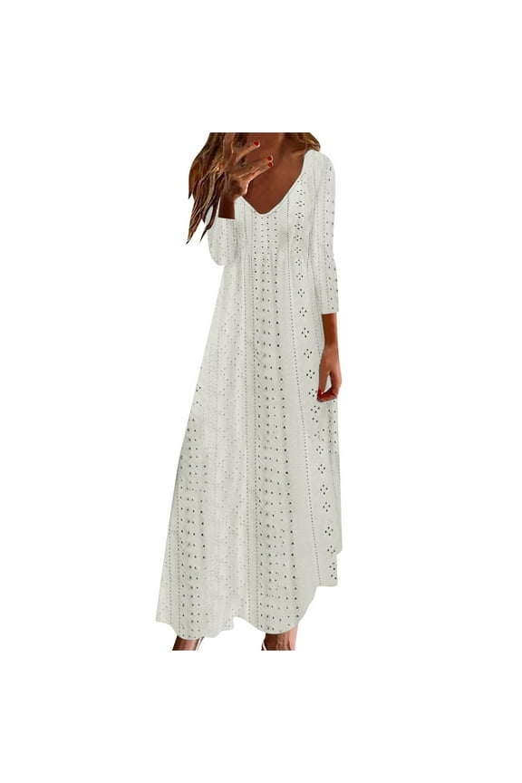 Maxi Dress for Women Casual Loose 3/4 Sleeve V Neck Dress Summer Beach Hollow out Dresses