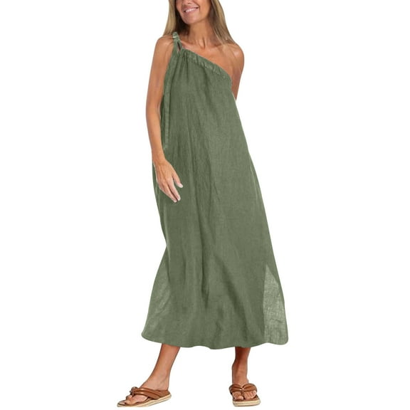 XuJwPNcy Maxi Dresses for Women Loose Sleeveless Solid Color Dresses Tie Strap One-Shoulder Summer Dress