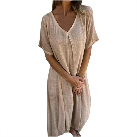 XuJwPNcy Maxi Dresses for Women Short Sleeve V Neck Summer Dress Plus Size Cotton Linen Casual Dresses