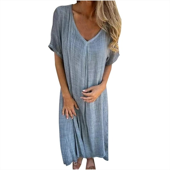 XuJwPNcy Maxi Dresses for Women Short Sleeve V Neck Summer Dress Plus Size Cotton Linen Casual Dresses