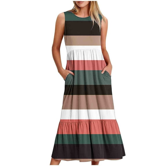 Yuzhih Maxi Dresses for Women Summer Casual Boho Sundress Printed Sleeveless Round Neck Loose Flowy Dresses