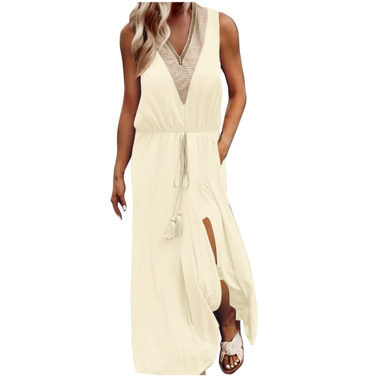 Yuzhih Maxi Dresses for Women Lace V Neck Sleeveless Split Long Dress  Drawstring Waist Plus Size Tank Dress - Walmart.com