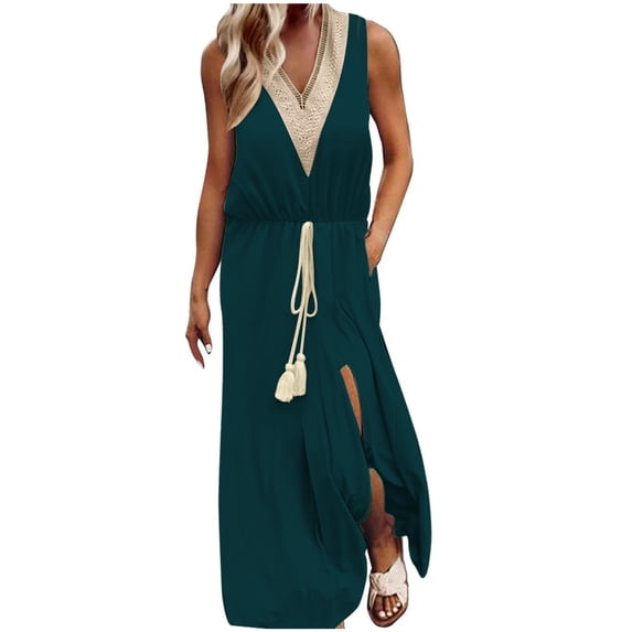 Yuzhih Maxi Dresses for Women Lace V Neck Sleeveless Split Long Dress Drawstring Waist Plus Size Tank Dress