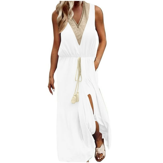 XuJwPNcy Maxi Dresses for Women Lace V Neck Sleeveless Split Long Dress Drawstring Waist Plus Size Tank Dress