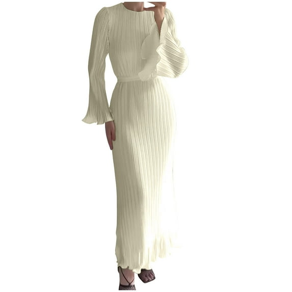 Yuzhih Maxi Pleated Dresses for Women Slim Party Cocktail Wedding Guest Dress Bell Long Sleeve Crew Neck Bodycon Dress