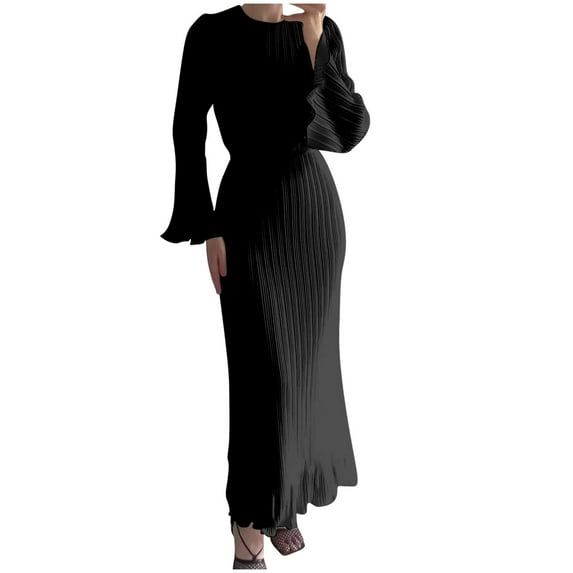 Yuzhih Maxi Pleated Dresses for Women Slim Party Cocktail Wedding Guest Dress Bell Long Sleeve Crew Neck Bodycon Dress