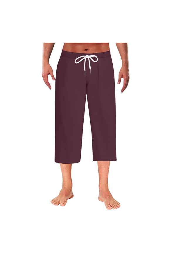 Men's Capri Pajama Pants Thin Breathable Pj Bottoms Drawstring Solid Color Sleep Capris Lounge Pants Sleepwear