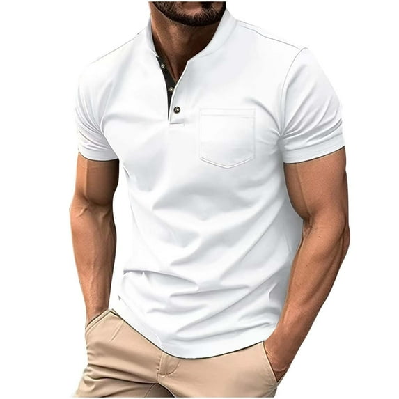XuJwPNcy Men's Casual Henley Shirt Short Sleeve Summer Shirts Solid Color Collared Summer Beach Vacation T-Shirts