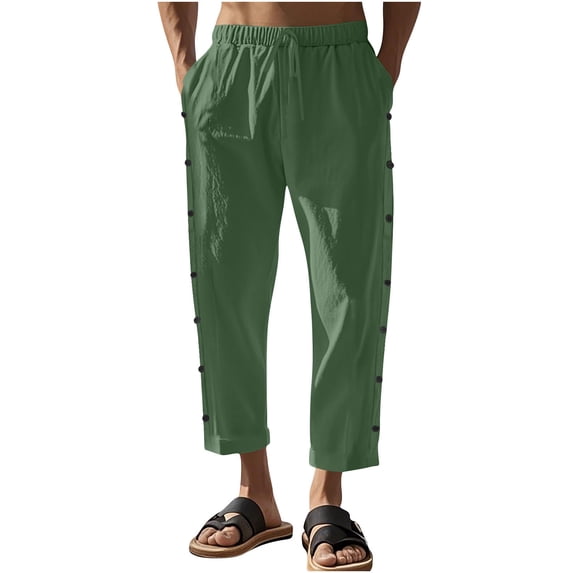 XuJwPNcy Men's Cotton Linen Pants Elastic Waist Vacation Cropped Pants Lightweight Casual Classic Solid Yoga Beach Pants with Pockets