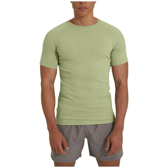 XuJwPNcy Men's Muscle T Shirts Ribbed Knit Stretch Short Sleeve Round Neck Workout Tees Solid Color Slim Fit Knit Shirts