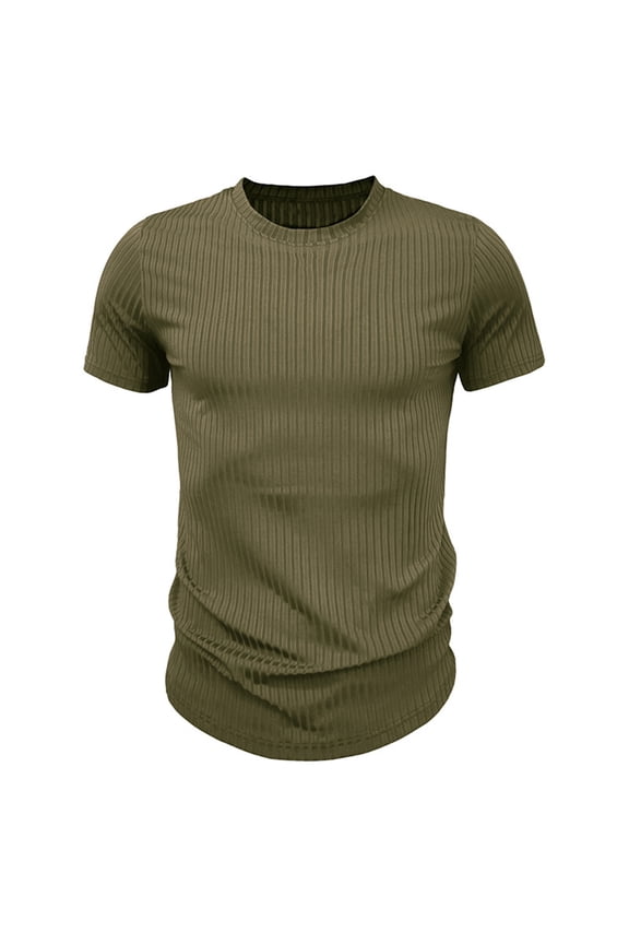 Men's Ribbed Shirt Short Sleeve Slim crewNeck Muscle T Shirts Plus Size Stretch Knit Tops Summer Tees