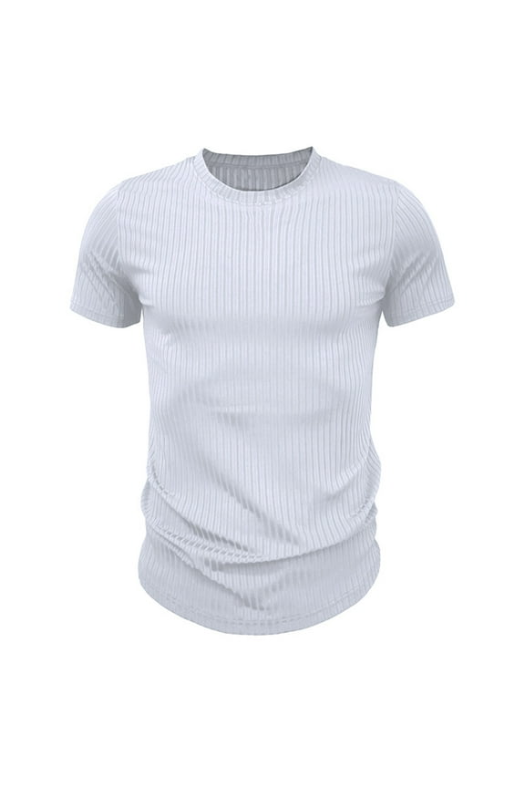 Men's Ribbed Shirt Short Sleeve Slim crewNeck Muscle T Shirts Plus Size Stretch Knit Tops Summer Tees