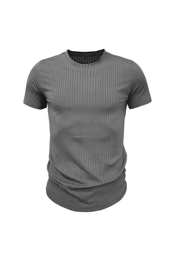 Men's Ribbed Shirt Short Sleeve Slim crewNeck Muscle T Shirts Plus Size Stretch Knit Tops Summer Tees