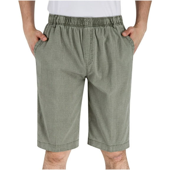 Yuzhih Men's Shorts Casual Cotton Linen Elastic Waist Summer Beach Vacation Shorts with Pockets Stretch Solid Short Pants
