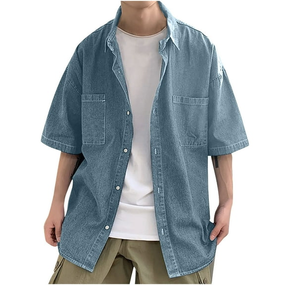 XuJwPNcy Mens Button down Shirts Denim Short Sleeve Shirt for Men with Two Pocket Lightweight Work Casual Denim Shirt
