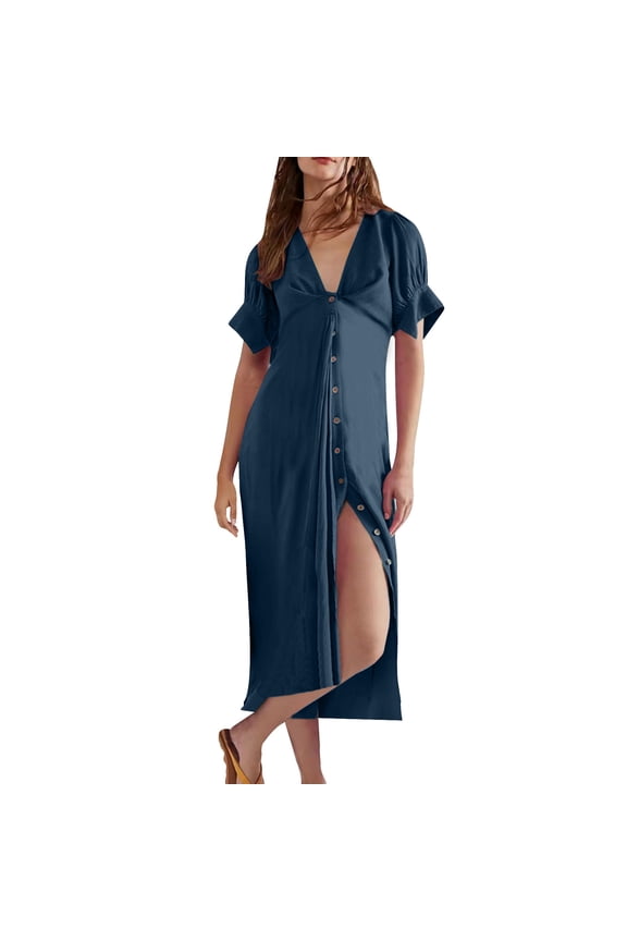 Midi Dresses for Women Casual Short Leeve Cotton Linen Dresses Summer V Neck Button down Shirt Dress