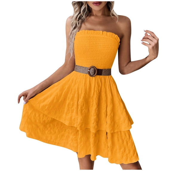 Yuzhih Midi Dresses for Women Smocked High Waist Layered Tube Dress Sleeveless Strapless Flowy Vacation Dresses