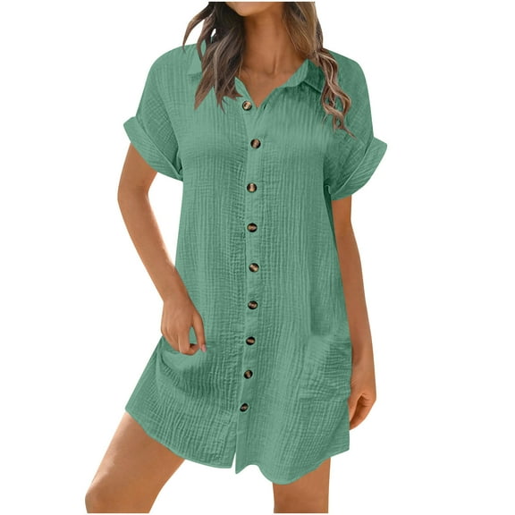 XuJwPNcy Mini Dresses for Women Loose Short Sleeve Button down Shirt Dress Summer Casual Solid Color Dresses