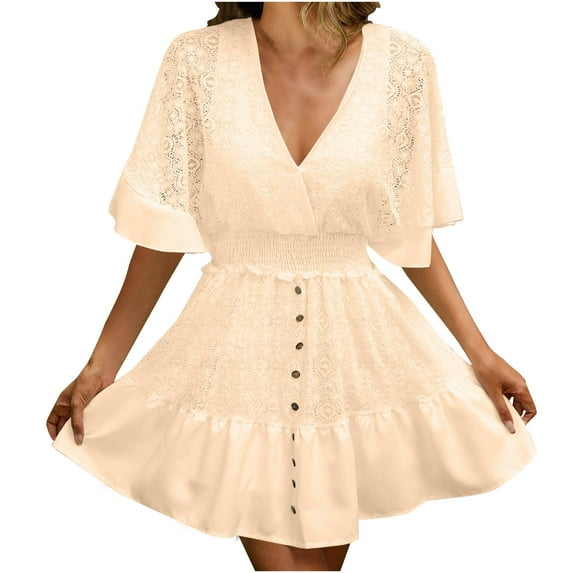 XuJwPNcy Mini Dresses for Women Short Sleeve Smocked Elastic Waist Flowy Dresses Wrap V Neck Casual A- Line Wedding Short Dress