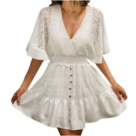 XuJwPNcy Mini Dresses for Women Short Sleeve Smocked Elastic Waist Flowy Dresses Wrap V Neck Casual A- Line Wedding Short Dress