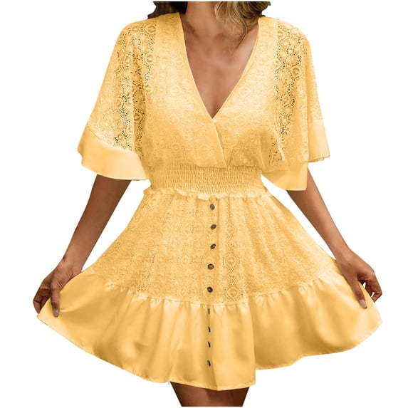Yuzhih Mini Dresses for Women Short Sleeve Smocked Elastic Waist Flowy Dresses Wrap V Neck Casual A- Line Wedding Short Dress