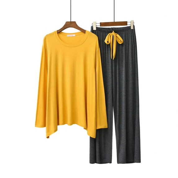 XuJwPNcy Pajama Sets Womens Round Neck Long Sleeve Top with Wide Leg Pants 2 Piece Matching Pjs Sets Loungewear