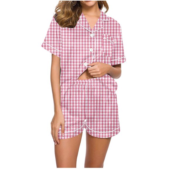 XuJwPNcy Pajama Sets for Women Collared V Neck Button down Shirts and Shorts Pjs Outfits Matching Sets Clothing