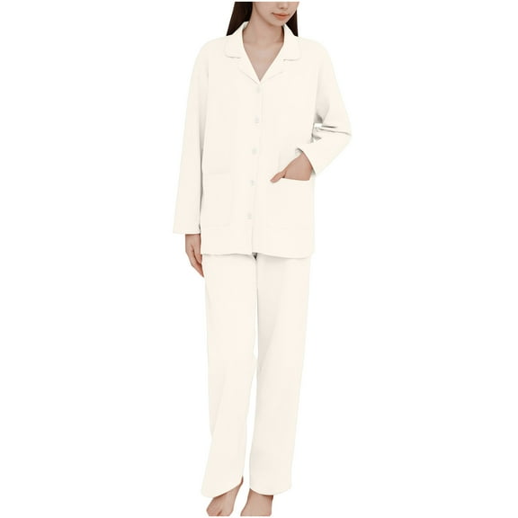 XuJwPNcy Pajama Sets for Women Two Piece Sleepwear Casual Lapel Long Sleeve Top and Pants Button Loungewear Sets with Pockets