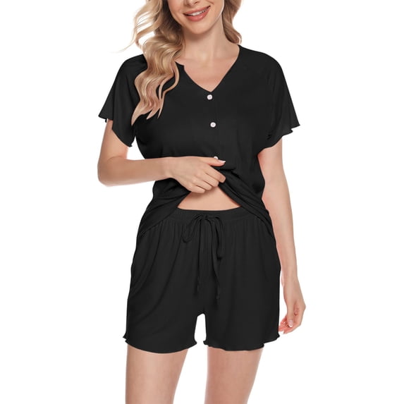 XuJwPNcy Pajamas 2 Piece Lounge Sets Ribbed Knit Matching Outfits Button down Top Shorts Sleepwear Loungewear