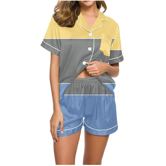 XuJwPNcy Pajamas Set for Women Short Sleeve Sleepwear Lapel V Neck Button down Loungewear 2 Piece Pjs Shorts Sets