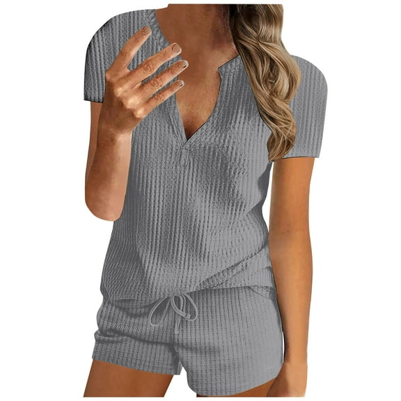XuJwPNcy Pajamas Sets for Women V Neck Sleeveless Tank Top and Drawstring Short Pants Lounge Knit Outfits Sleepwear
