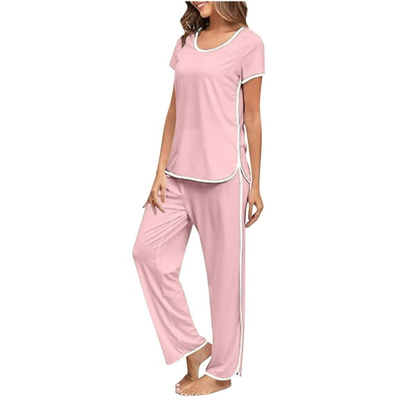 XuJwPNcy Pajamas for Women Sets Crew Neck Short Sleeve Solid Color Tops with High Waist Pants 2 Piece Pjs Sets Loungewear