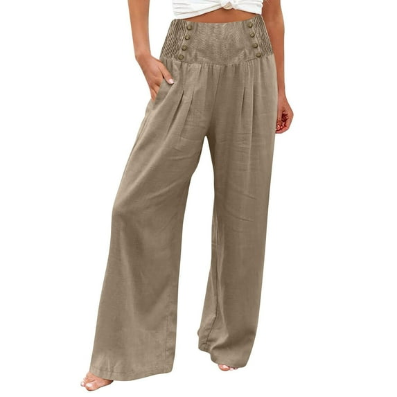 Yuzhih Palazzo Pants for Women Summer Stretch High Waisted Button Lounge Pants Trendy Beach Vacation Trousers