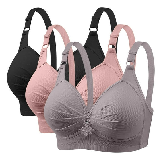 XuJwPNcy Plus Size Bra for Women Full Coverage Wireless Push up Bra Everyday Comfort Front Pleated T Shirt Bra 3 Pack
