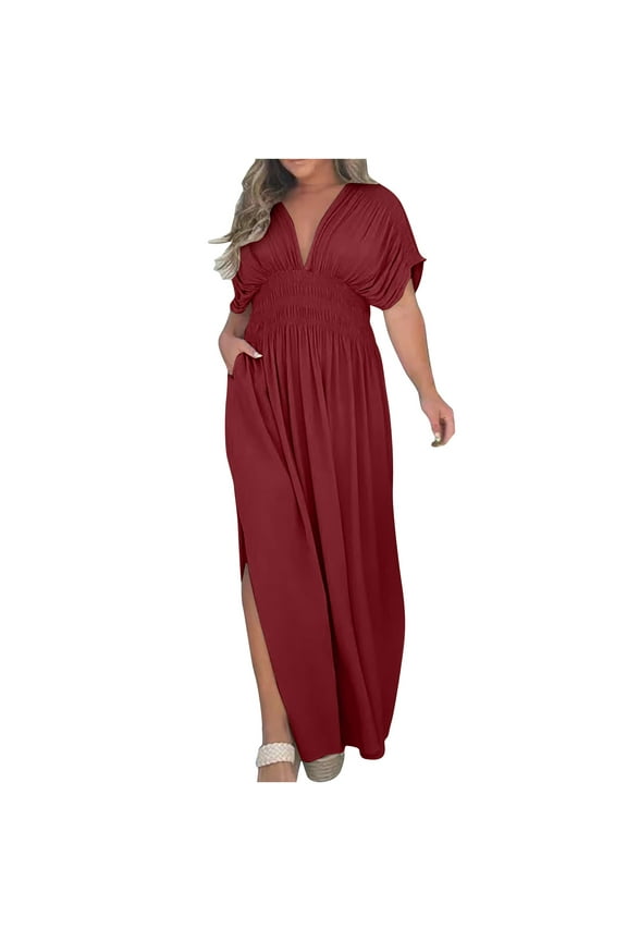 Plus Size Dresses for Curvy Women Casual V Neck Wedding Guest Dresses Short Sleeve Elastic Waist Maxi Dress