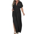 thumbnail image 1 of cfhntfmh Plus Size Dresses for Curvy Women Casual V Neck Wedding Guest Dresses Short Sleeve Elastic Waist Maxi Dress, 1 of 6