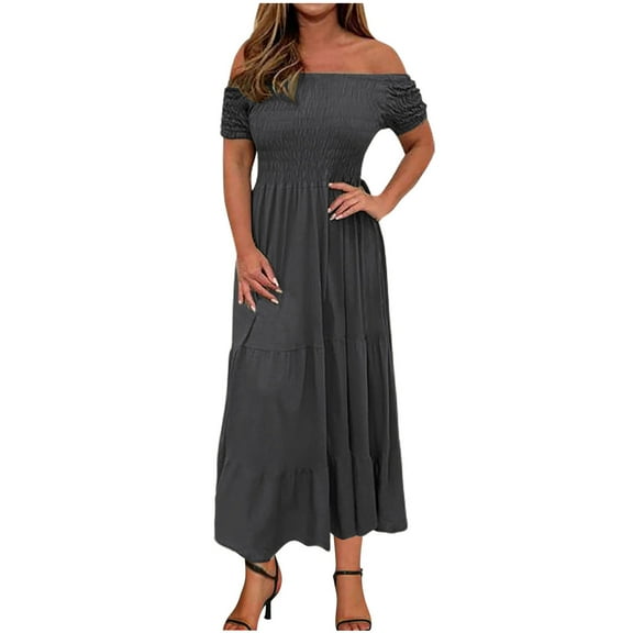 XuJwPNcy Plus Size Dresses for Curvy Women Short Sleeve Smocked Tiered Maxi Dresses off the Shoulder Vacaotin Dress