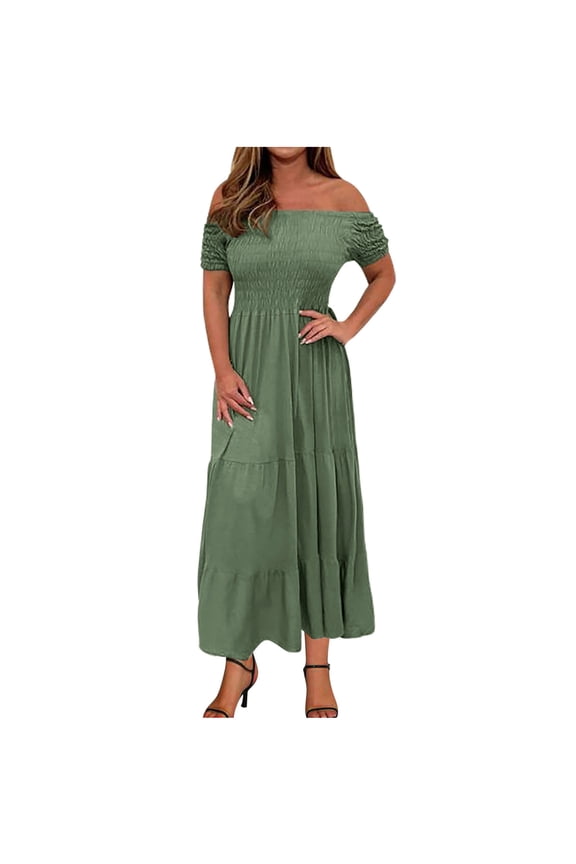 Plus Size Dresses for Curvy Women Short Sleeve Smocked Tiered Maxi Dresses off the Shoulder Vacaotin Dress