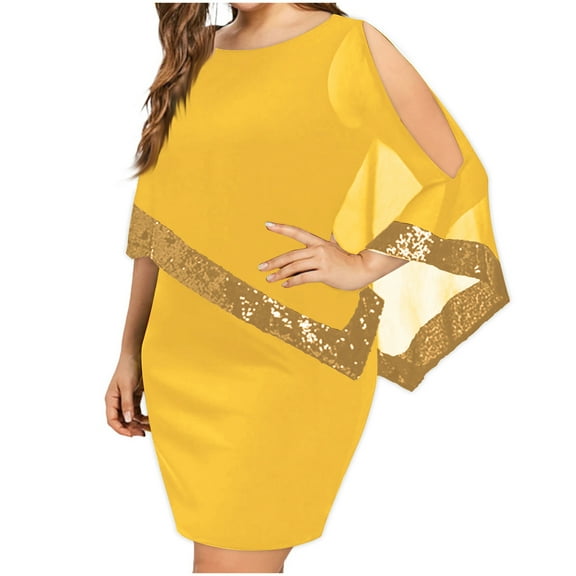 Yuzhih Plus Size Dresses for Curvy Women Sleeveless Crewneck Asymmetrical Dress Cold Shoulder Sequin Wedding Guest Dress