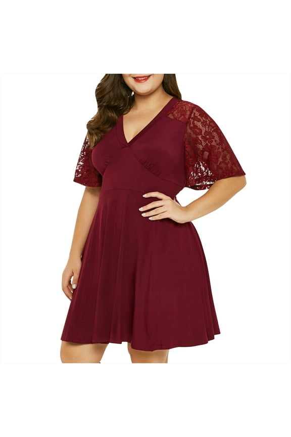 Plus Size Dresses for Curvy Women V Neck Knee Length Flowy Dresses Lace Short Sleeve A-Line Wedding Guest Dress