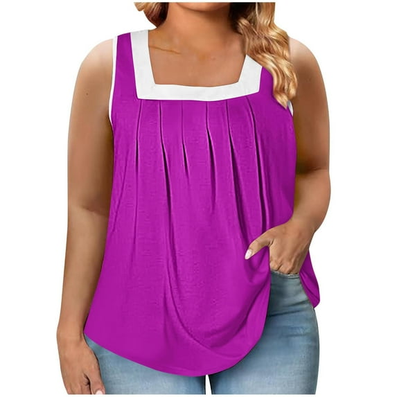 XuJwPNcy Plus Size Tank Tops for Women Trendy Square Neck Sleeveless Tshirts Summer Loose Pleated Tunic Tops