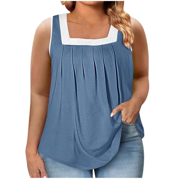 XuJwPNcy Plus Size Tank Tops for Women Trendy Square Neck Sleeveless Tshirts Summer Loose Pleated Tunic Tops