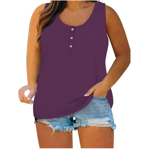 Yuzhih Plus Size Tops for Women 2024 Trendy Solid Tank Tops Scoop Neck Sleeveless Summer Beach Tshirts