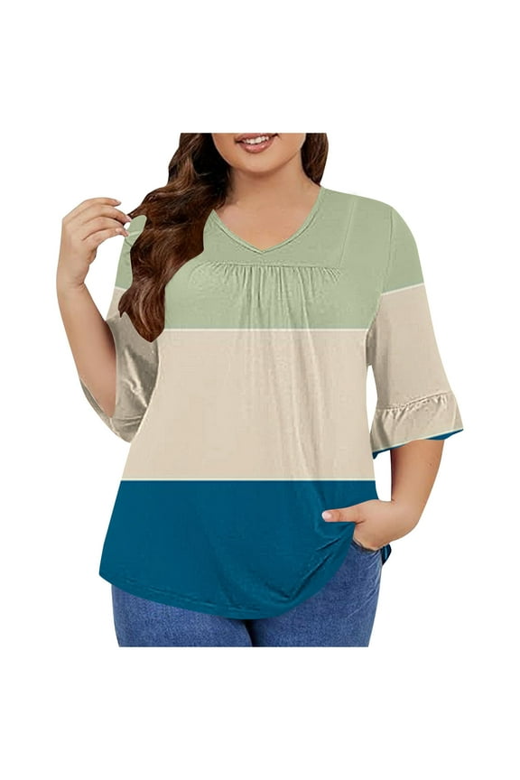 Plus Size Tops for Women Fashion 3/4 Ruffle Sleeve Shirts Casual V Neck Summer Pleated Flowy Tees