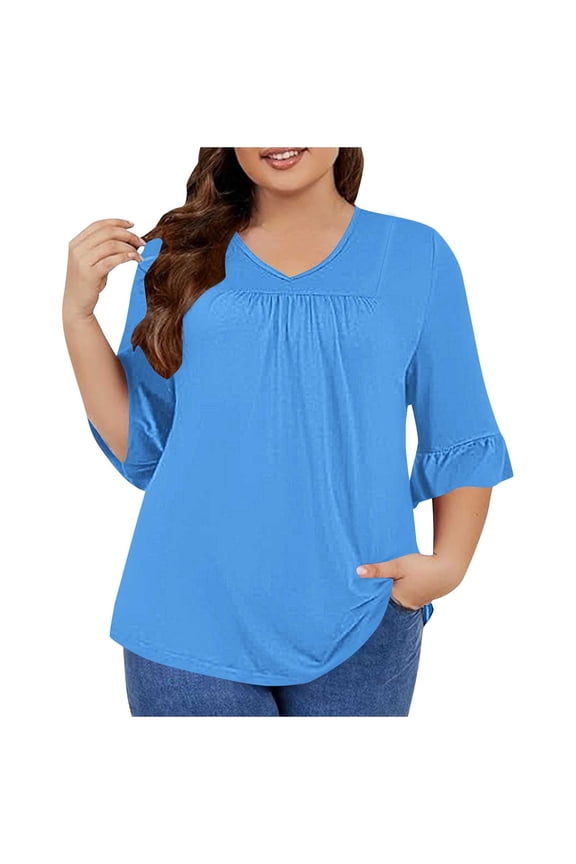 Plus Size Tops for Women Fashion 3/4 Ruffle Sleeve Shirts Casual V Neck Summer Pleated Flowy Tees