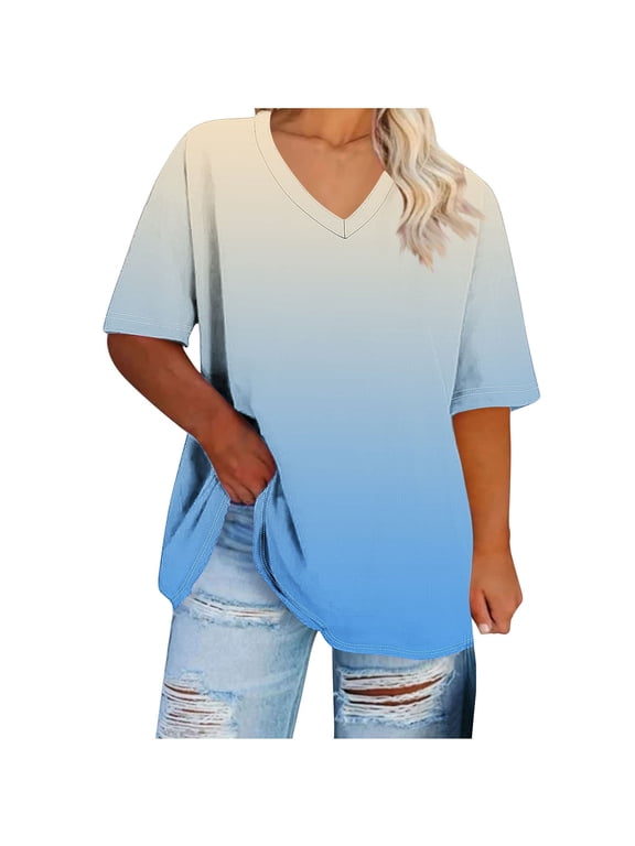 Plus-Size Tops for Women Gradient Color Round Neck T Shirts Fashion Summer Tunics Beach Vacation Clothes