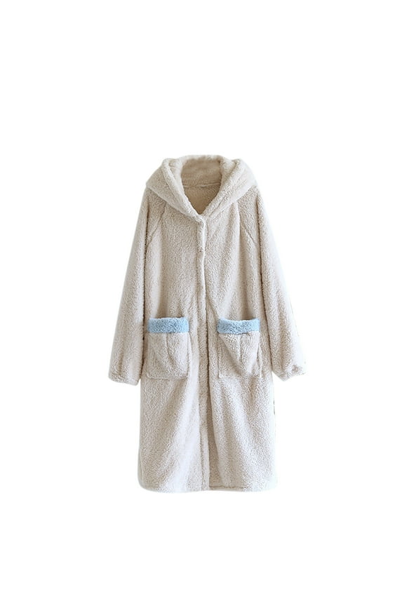 Plush Soft Bathrobe for Women Button down Fuzzy Robes with Pockets Cozy Comfy Fall Winter Nightgown Sleepwear