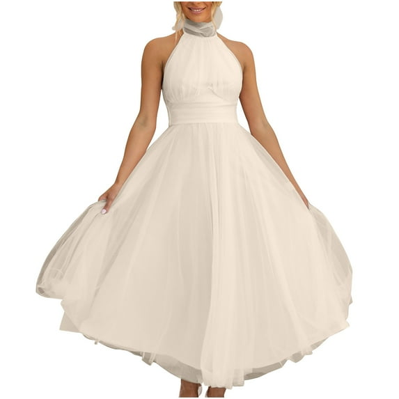 Yuzhih Prom Dresses 2024 Sleeveless Flowy A-Line Tulle Maxi Dresses Tie Back Backless Cocktail Party Dress